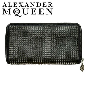 入手困難◆Alexander McQueen◆スタッズ ラウンドファスナー レザーウォレット 黒/メンズ アレキサンダーマックイーン 長財布 スカル