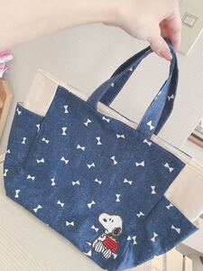 スヌーピー ハンドメイド サイドポケットトートバッグ デニムリボン