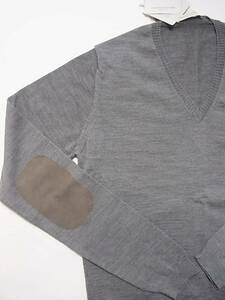  unused ro belt collie naroberto collina wool V neck knitted 46 tag attaching sweater elbow patch suede gray Italy made 