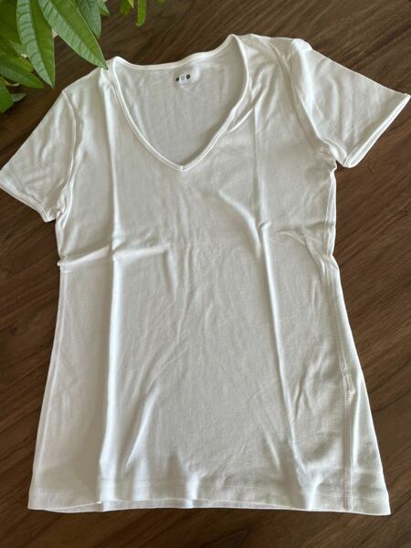 ◇three dots (スリードッツ) 　Vネック半袖Tシャツ　カットソー　白　ホワイト　White　Mサイズ　送料無料◇