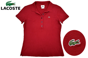 Y-2416★送料無料★美品★LACOSTE ラコステ★ワニロゴ刺繍 レッド赤色 ストレッチ素材 鹿の子 半袖 ポロシャツ 42