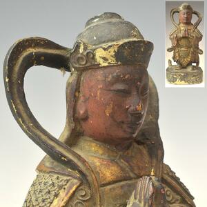 【趣楽】 中国古玩　明時代　木彫り彩色武人像　高さ１７ｃｍ　仏像　Ｕ１５０１