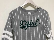 美品本物エックスガールxgirlプリントベースボールストライプ柄5部丈Tシャツホワイトグレー旅行トラベルレディース日本製1S_画像2