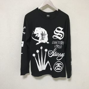 美品本物ステューシーSTUSSYコットンロゴプリント長袖ロングTシャツ旅行トラベルメンズ黒ブラックストリートスケーターSメキシコ製