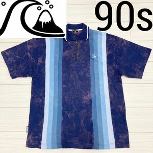 90s 当時物◆クイックシルバー◆サーフ ポロシャツ タイダイ グラデストライプ M ネイビー ブルー QUIKSILVER 90年代 ビッグシルエット