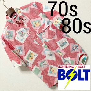 70s 80s◆BOLT ライトニングボルト◆リバースプリント裏使いアロハシャツM 赤 レッド ラハイナ BD ボタンダウン ヴィンテージ オールド