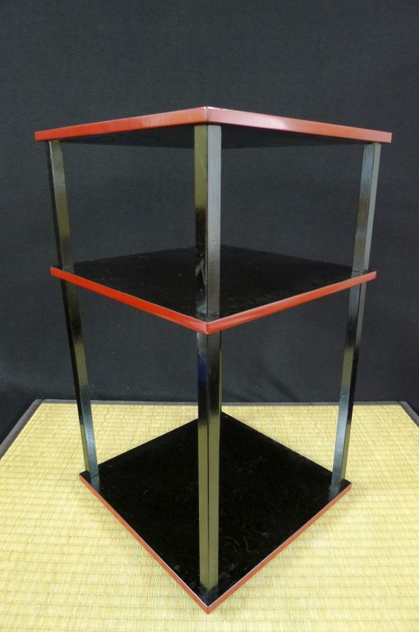 U004 天然木製漆器 黒塗 茶棚 茶台 炉 棚物 小棚 組立式 風炉道具