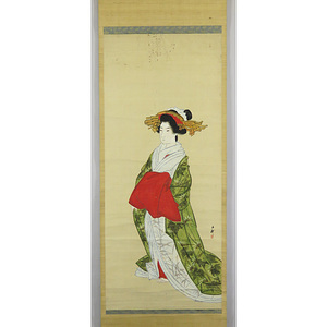 B-1500【真作】三畠上龍 肉筆紙本 美人図 掛軸／日本画家 京都 浮世絵 風俗画 書画