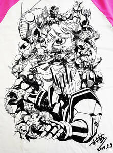 非売品 仮面ライダーディケイド STAFF CAST Tシャツ 村枝賢一 描き下ろし イラスト サイン 1号 2号 V3 X アマゾン BLACK RX クウガ 555電王