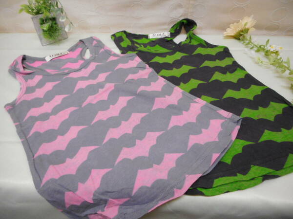 子供服　ランニングTシャツ　ピンク×グレイ/グリーン×ブラック　9サイズ　2枚　お揃い　在庫品