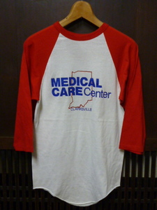 USA古着　80s WOLF 七分袖 M 赤 白 レッド ホワイト MEDICAL CARE ベースボール ラグラン Tシャツ アメリカ製