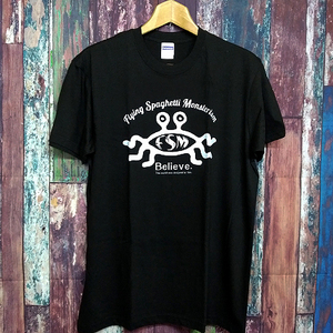 送込　Flying Spaghetti Monster　半袖Tシャツ　黒色　XLサイズ 