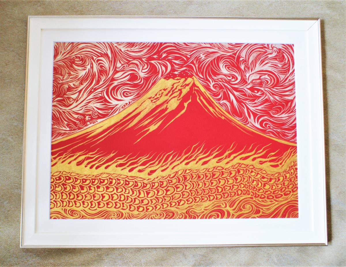 ☆Modern ink painter, Painter Shirado☆ Golden Red Fuji (hand-painted work) / Dragon, Phoenix, Mt. Fuji, high-quality frame, ART, contemporary art, free shipping♪, Painting, Japanese painting, Flowers and Birds, Wildlife