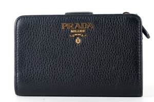 【超美品】PRADA プラダ 二つ折り財布 レザー ブラック ブランドウォレット 小物【JJ10】