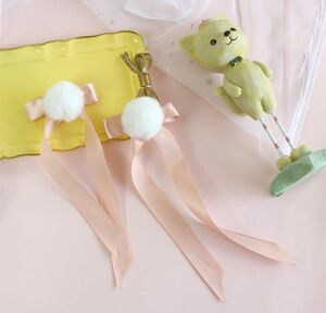 [ new goods * domestic sending ] white pompon attaching ribbon. ..2 piece set pink 