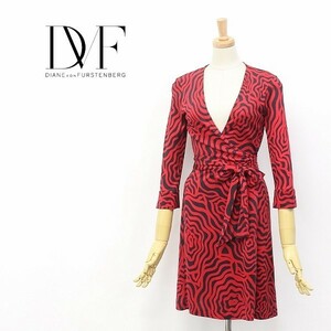 ◆DIANE von FURSTENBERG/ダイアンフォン ファステンバーグ Vintage JULIAN シルクジャージー 総柄 ラップ ワンピース レッド×ブラック 0