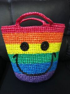ハンドメイド ビニールバッグマルシェバッグ スマイル ニコちゃんレインボー 虹 プールバッグ
