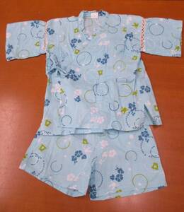 *1494[ free shipping ] cost ko Kids jinbei top and bottom set 110 man light blue cotton 100% thin ventilation / comfortable * peace pattern morning face frog summer pyjamas 