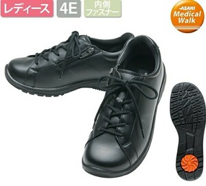  new goods / made in Japan comfort /22.5./25300 jpy Asahi medical walk WK L001/ black metallic / leather /4E/ wide width / knee / walking / fastener 