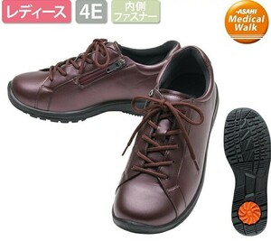  new goods / made in Japan comfort /24.0./25300 jpy Asahi medical walk WK L001/ wine meta/ leather /4E/ wide width / knee / walking / fastener 