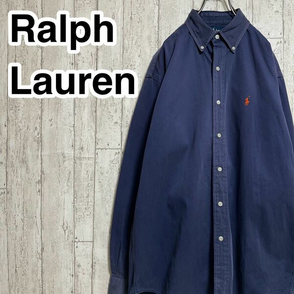 ☆送料無料☆ RALPH LAUREN ラルフローレン 長袖 ボタンダウンシャツ Mサイズ ネイビー 刺繍ポニー 21-276