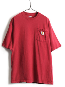 ■ カーハート クルーネック ポケット付き 半袖 Tシャツ ( メンズ L ) 半袖Tシャツ ポケT ロゴT 古着 CARHARTT エンジ 無地 ワンポイント