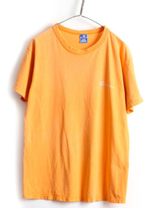 90's USA製 レアカラー ■ チャンピオン ワンポイント ロゴ プリント 半袖 Tシャツ ( メンズ L ) 古着 Champion 90年代 目あり オレンジ