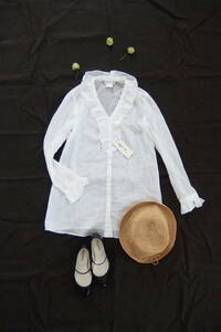 # agnes b Agnes B cotton loan cloth frill shirt tunic long sleeve white unused tag attaching 