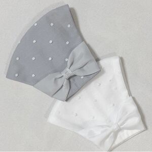 ハンドメイド 立体インナー ドットオーガンジー 片サイドリボン グレー&ホワイト 2枚セット