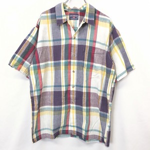 LEVI'S リーバイス L メンズ オープンカラー シャツ チェック 半袖 胸ポケット ボックスカット 綿100% 紫×ピンク×緑×黄×オフホワイト