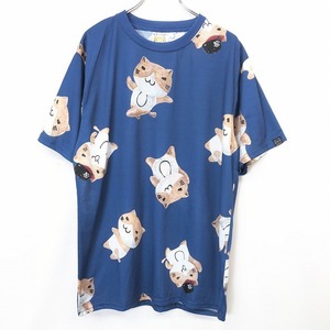 NECOBUCHI-SAN ねこぶちさん LL メンズ 男性 Tシャツ カットソー 猫 ネコ イラスト プリント 丸首 半袖 ポリエステル100% ブルー 青