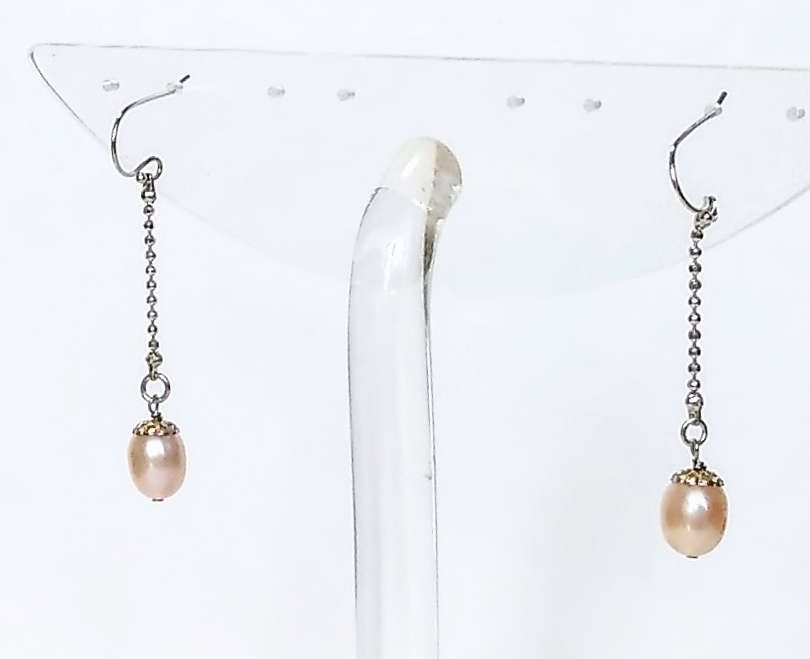 ★Handmade★One of a kind★Large pink pearl dangling long earrings, Earrings, pearl, Freshwater pearls
