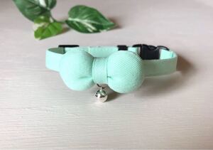 猫首輪 可愛い ミントグリーン まるリボン 首輪 コットンツイル生地