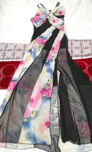黒レース花柄ネグリジェキャミソールマキシワンピースドレス Black lace seethrough floral pattern negligee camisole maxi dress