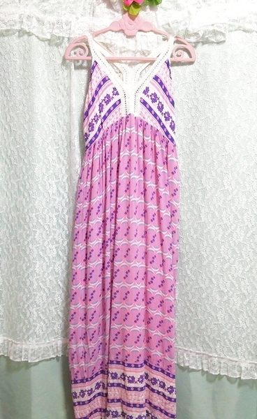 月花柄ピンクネグリジェノースリーブロングスカートマキシワンピース Moon flower pattern pink negligee nosleeve long skirt maxi dress, ワンピース, ロングスカート, Lサイズ