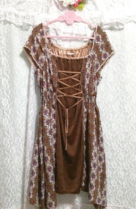 ブラウン花柄ベロアネグリジェチュニックワンピース Brown flower pattern velour negligee tunic dress,ワンピース&ひざ丈スカート&Mサイズ