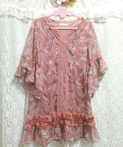 Brown rose decoration ethnic pattern chiffon negligee tunic dress, dress & knee length skirt & M size