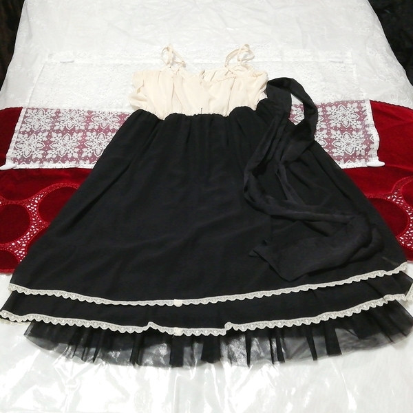 フローラルホワイト黒シフォンネグリジェキャミソールワンピースドレス Floral white black chiffon negligee camisole dress, ワンピース, ひざ丈スカート, Mサイズ