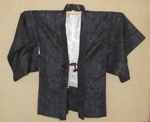 羽織（ハ）濃い紺に青とエンジの横糸で模様 検/昭和レトロ日本衣装和服
