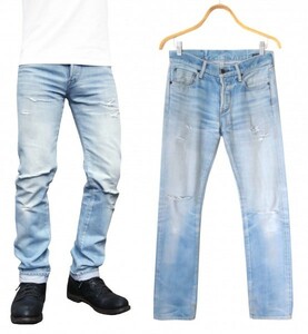 KURO GRAPHITE VINTAGE WASH CLASH DENIM 28 セルビッチ デニム クロ 赤耳 クラッシュ ダメージ加工 ライトインディゴ ※レターパック可