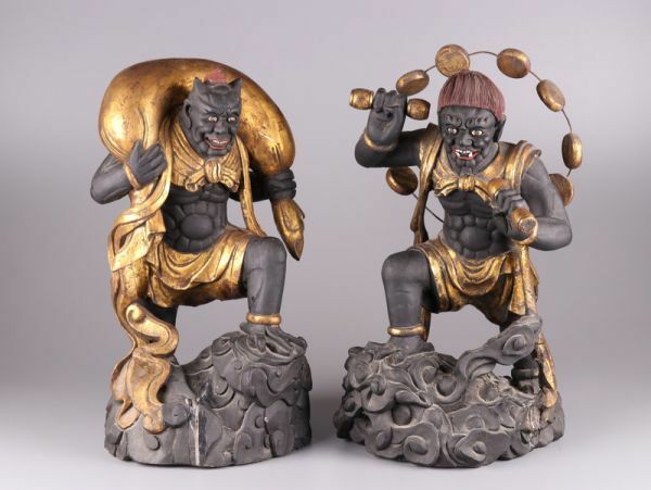 仏教美術 古美術 時代彩色木彫 風神雷神 置物 細密細工 時代物 極上品 初だし品 a9843