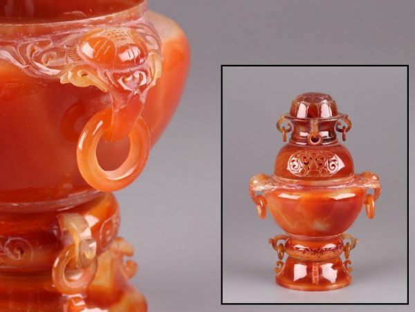 中國古玩 唐物 赤瑪瑙 遊環 香爐 細密細工 時代物 極上品 初だし品 a9820