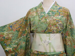 【桜庭呉服店】 着物 帯セット 名古屋帯 竹 刺繍 小紋 縮緬 源氏物語 人物文様 おしゃれ 身丈149ｃｍ　裄丈62ｃｍ