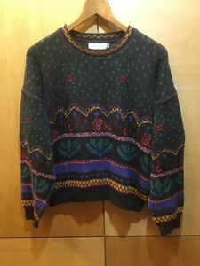 古着 Sweater Loft ニューヨーク 総柄 コットン ニット セーター レディース M 90s 80s ビンテージ USA製