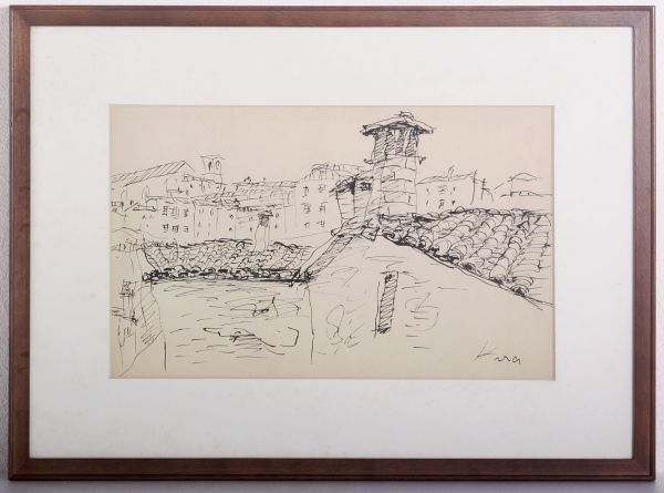 大注目 川崎鈴彦 「卯の花(白河関)」 ペン画・水彩・パステル 落款・共