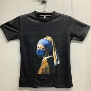 SRSA1. デザインTシャツ　Sサイズ　フェルメール　真珠の耳飾りの少女　青いターバンの少女　マスク　パロディTシャツ