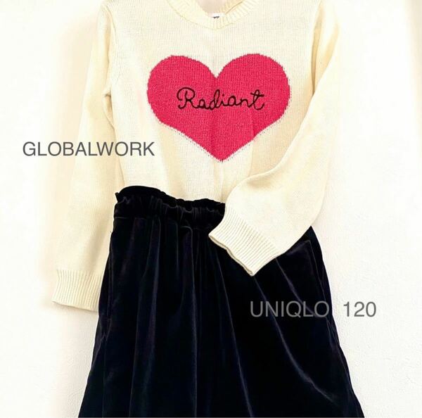 GLOBALWORK 、UNIQLO（2点セット）ハートトップス&ベロアワイドパンツ　長袖　ニットセーター　子供服　120センチ