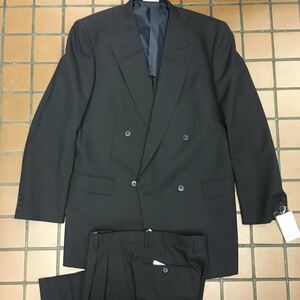  new goods unused tag attaching extra-large size double-breasted suit A9 iron navy blue Shadow stripe stripe rare size wool 100%no- Benz 2 tuck 