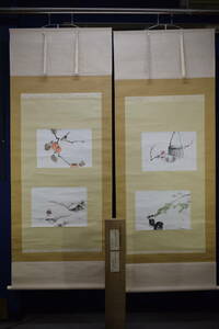 Art hand Auction 【真作】//桂田直城/四季画/春夏秋冬/梅/蛤/蜻蛉/紅葉/柿/雪景人物図/大幅/双幅/布袋屋掛軸HI-574, 絵画, 日本画, 花鳥, 鳥獣