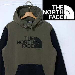 希少!日本未発売!THE NORTH FACE ザ ノースフェイス 配色切替ロゴフーディー・スウェットパーカー カーキ×ブラック